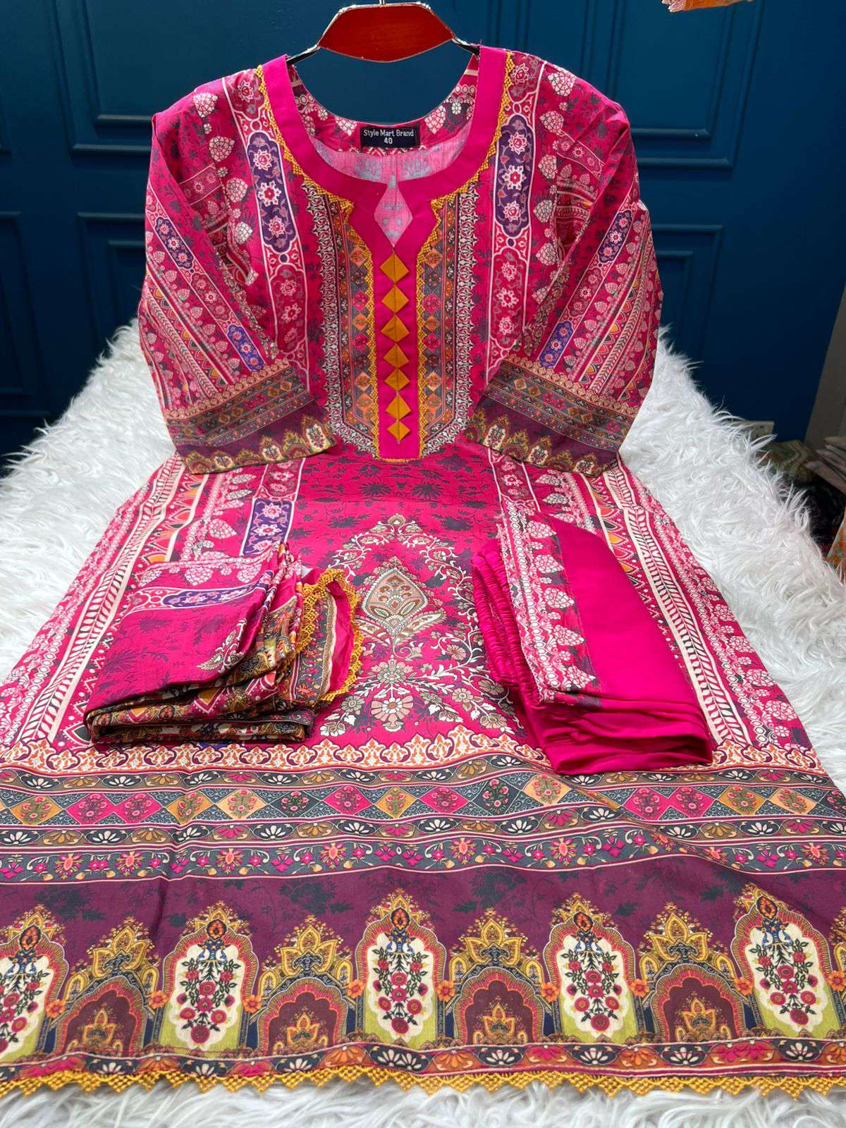 Traditional Printed Stitched Magenta Luxury Lawn - 1100