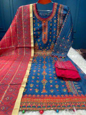 Chinigura Silk Stitched Cotton Collection - Blue 1100