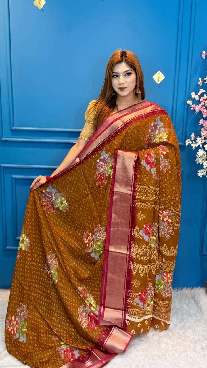 Snigdha Soft Moslin Mustard Floral Saree