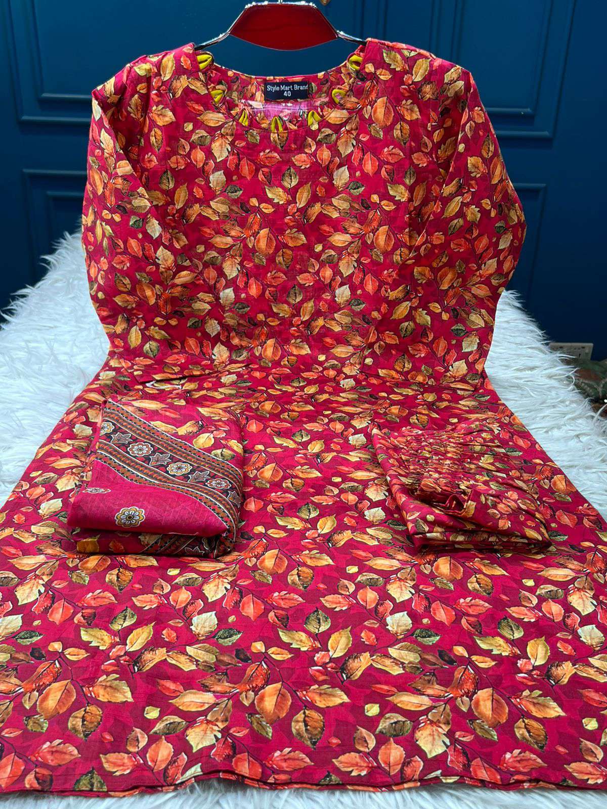 Slub Cotton Red Leaf Stitched Dress - 1250
