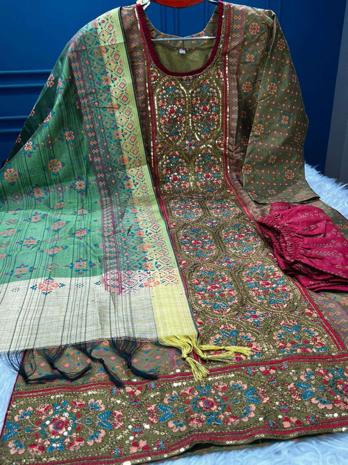 Premium Quality Chinigura Silk Stitched Cotton Collection - 1150 Olive Colour