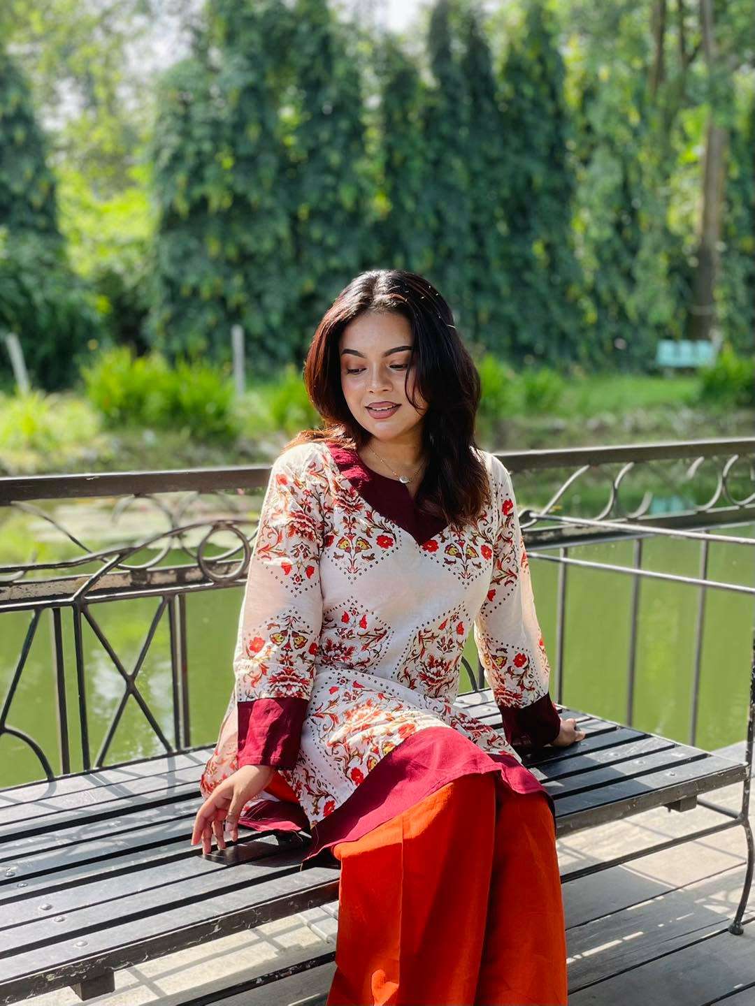 Stunning Maroon Cream Cotton Kurti