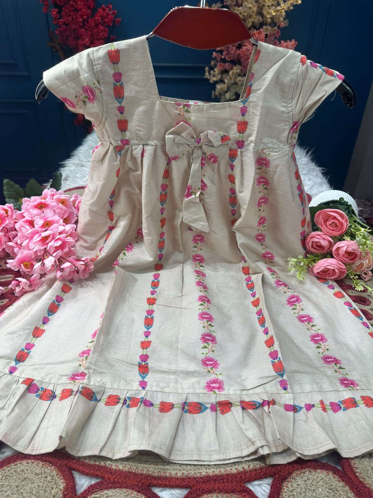 Pink Flower Printed Cream Baby Frock