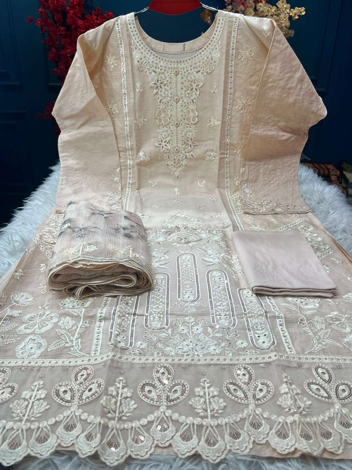 Festive Authentic Beige Semi Stitched Suit - 2150