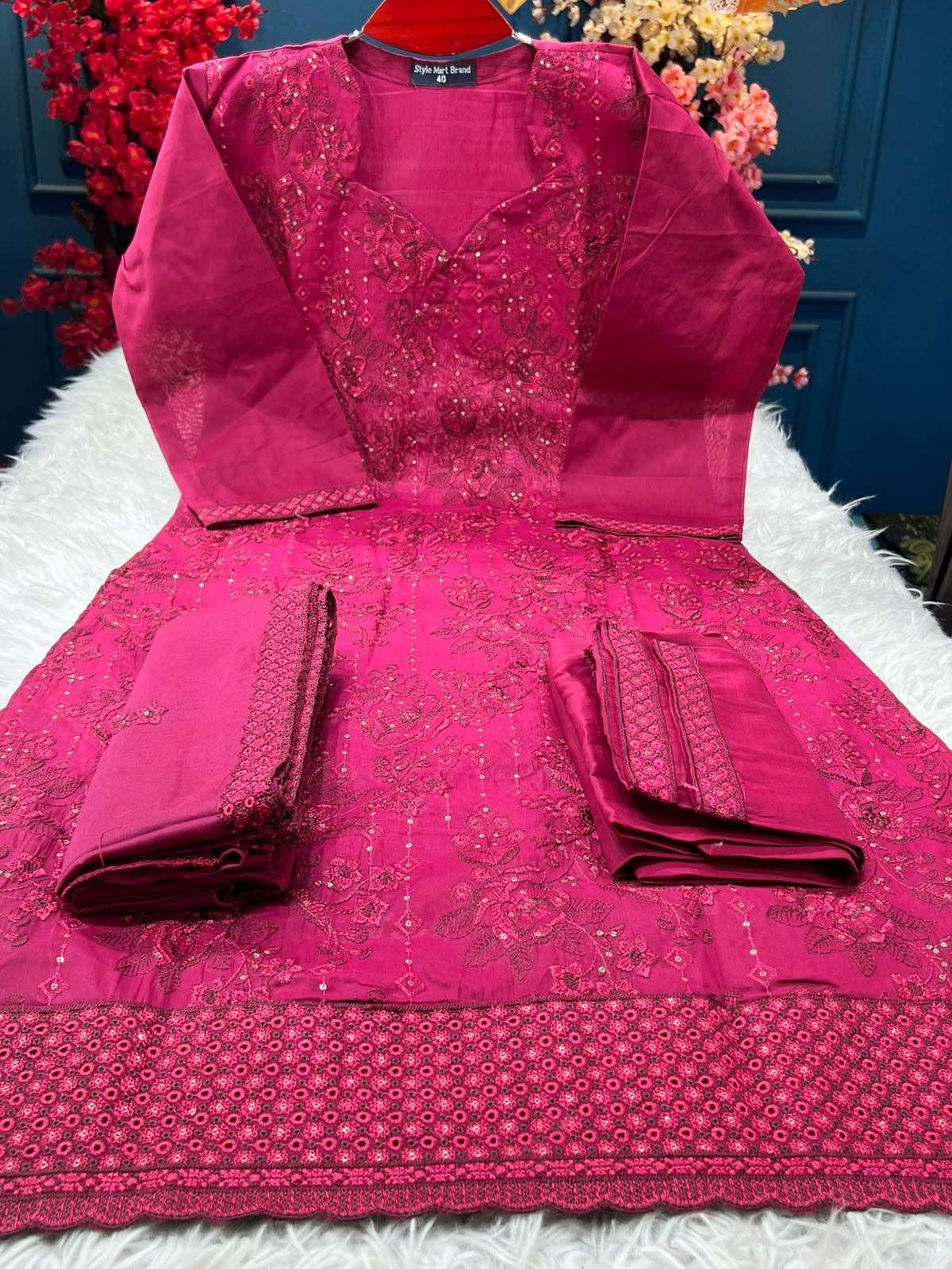 Women Glamorous Maroon Embroidery Stitched Set - 1750
