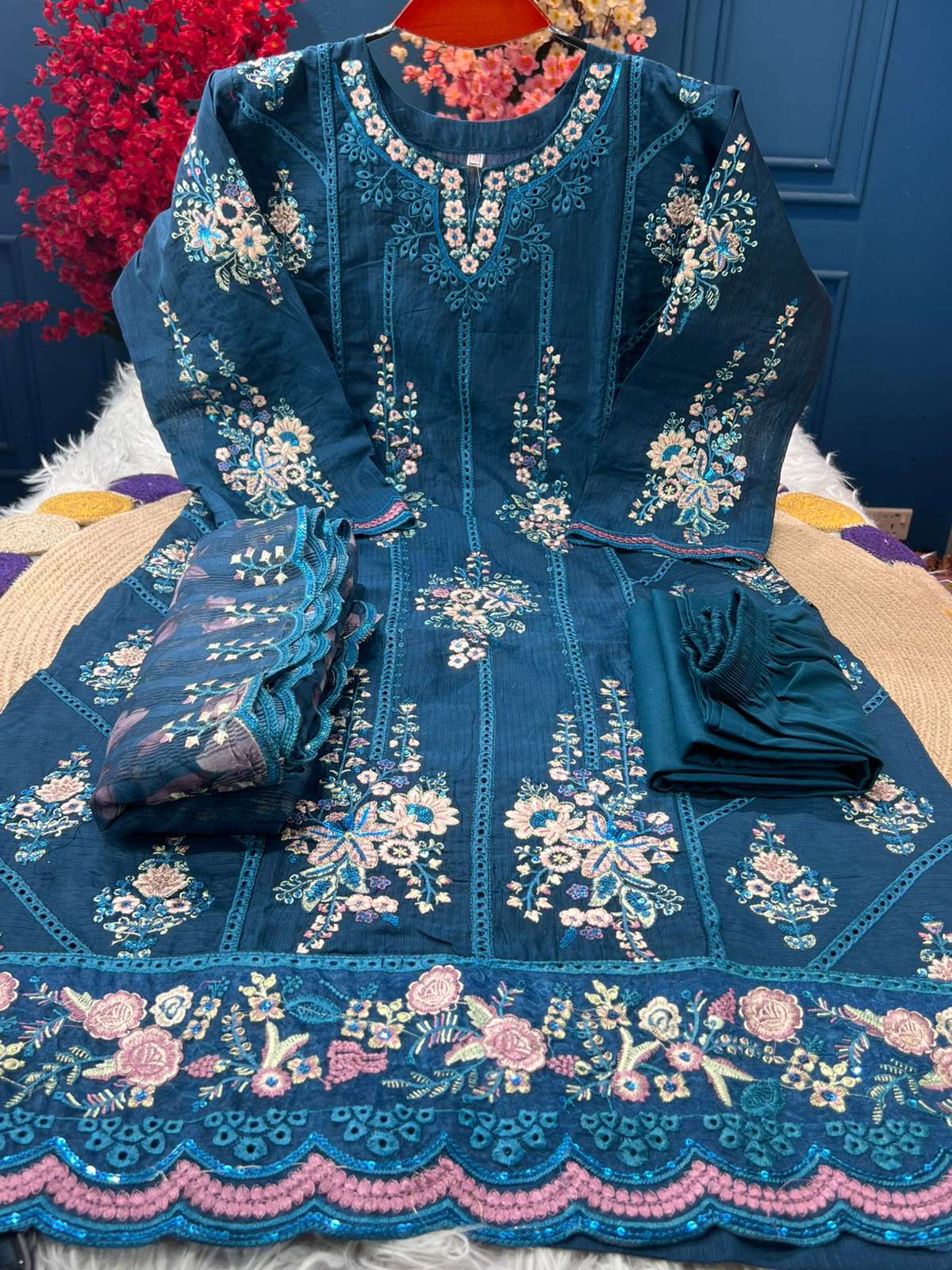 Teal Contrast Stitched Salwar Kamiz - 1850