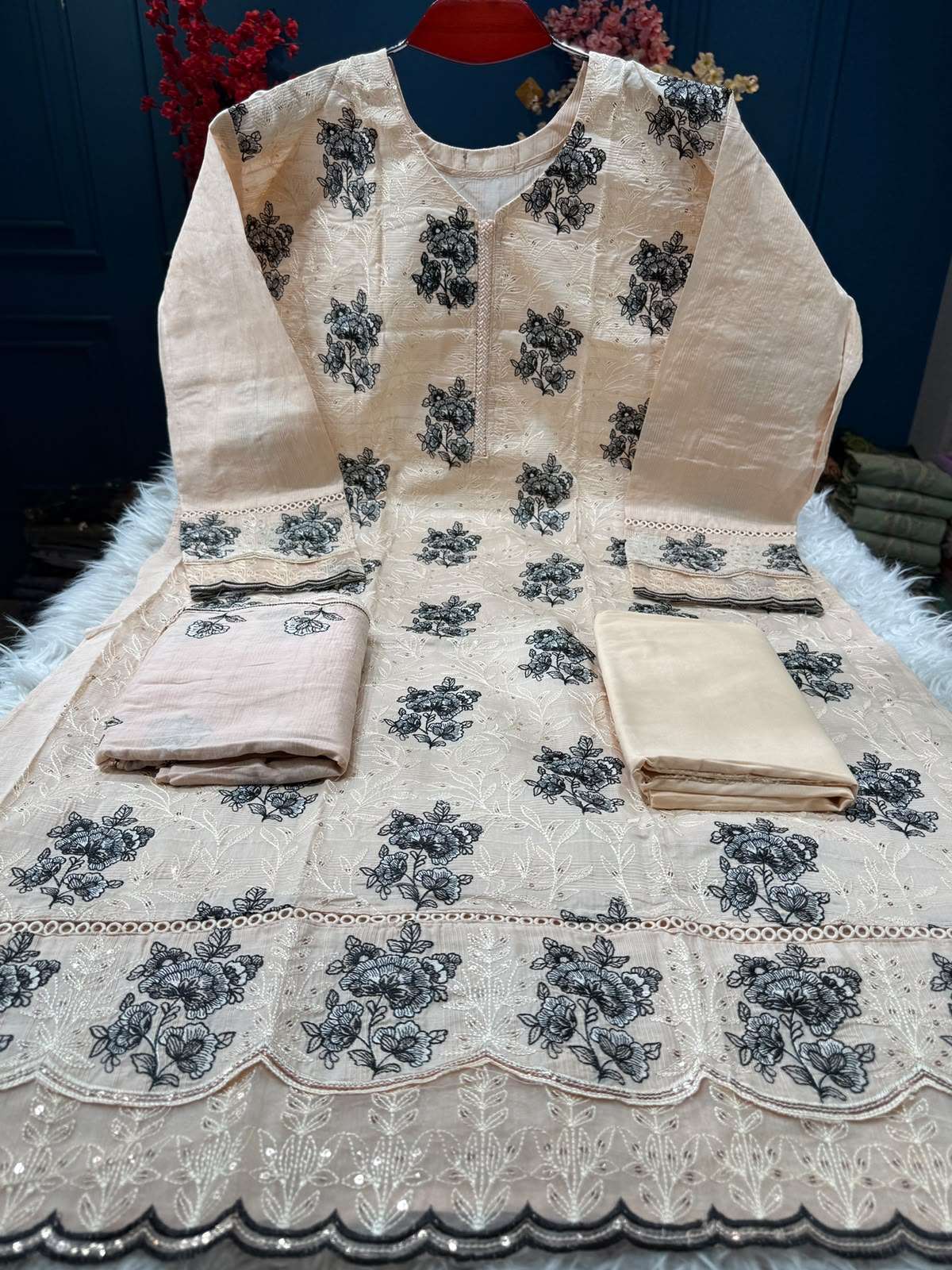 Authentic Cream Semi Stitched Festive Suit - 1950