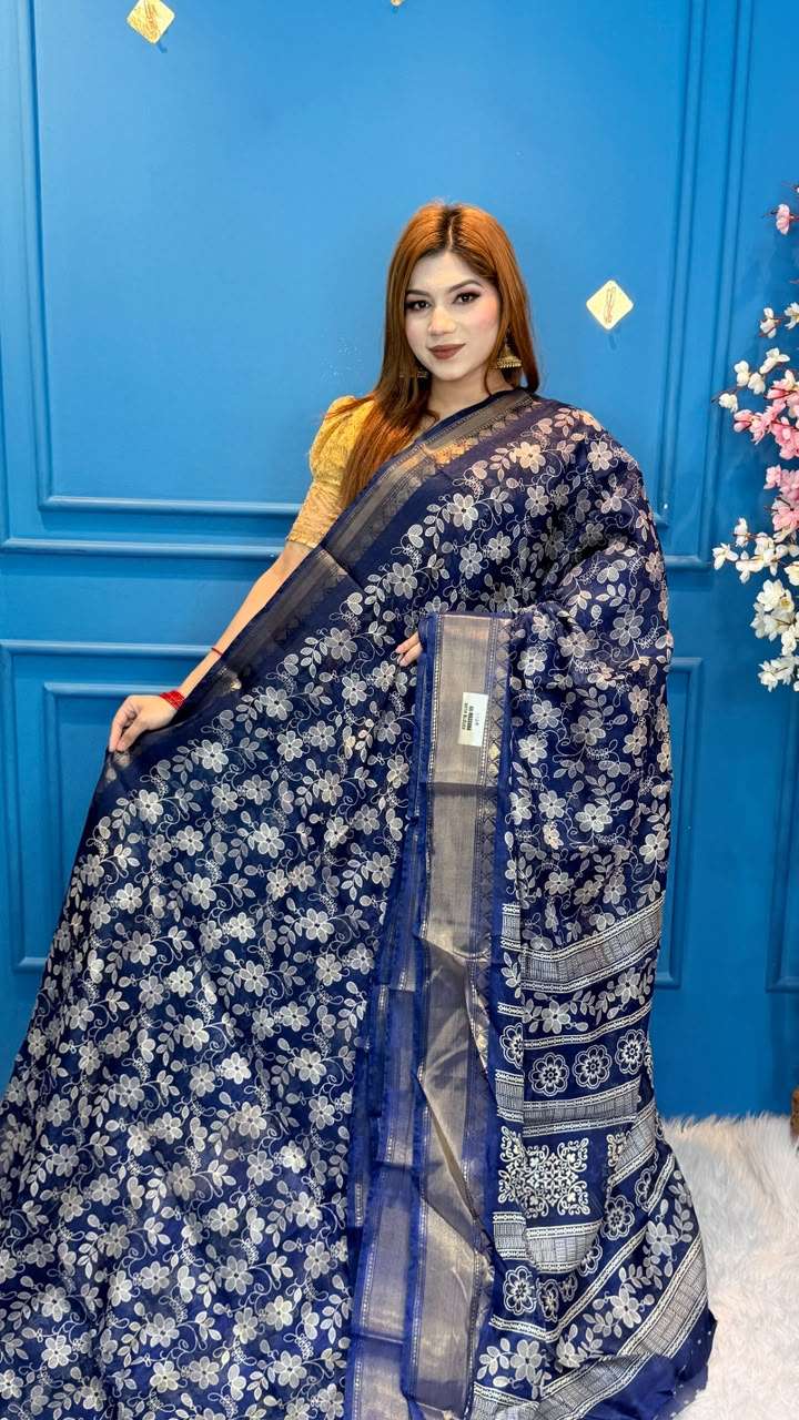 Snigdha Soft Moslin Blue Floral Saree